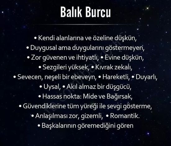 Su grubuna ait olan Balık burçları, duygusal yapıları, şefkatli tavırları ve geniş hayal gücü ile karakterizedir. İnsani değerlere değer veren bu burcun insanlarının empatisi çok belirgindir.