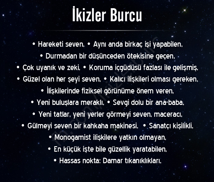 İkizler Adamı: Tatlı ve arkadaş canlısıdır. Güzel sözleri, akılcı konuşması, bilgisi ve tecrübesiyle hoşlandığı kişiyi kolaylıkla etkileyebilir. Seyahat etmeyi sever, aktif ve değişken bir hayatı tercih eder. Aşktan kolayca s